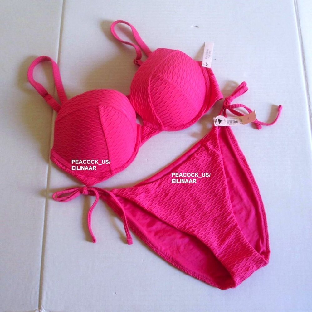38DD/XL Victoria Secret Swim Push Up Top Bikini Set Side Tie Cheeky Hot Pink